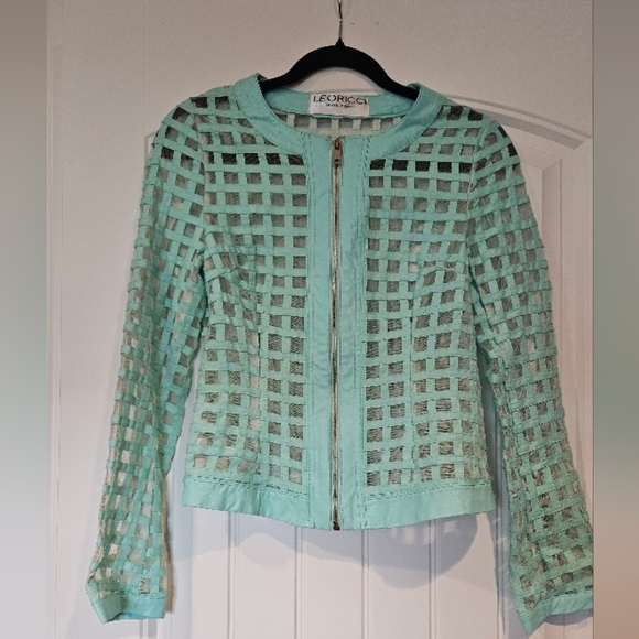 Leoricci Jackets & Blazers - Mesh Light Aqua Open Weave Zip-Front Moto Pleather Jacket